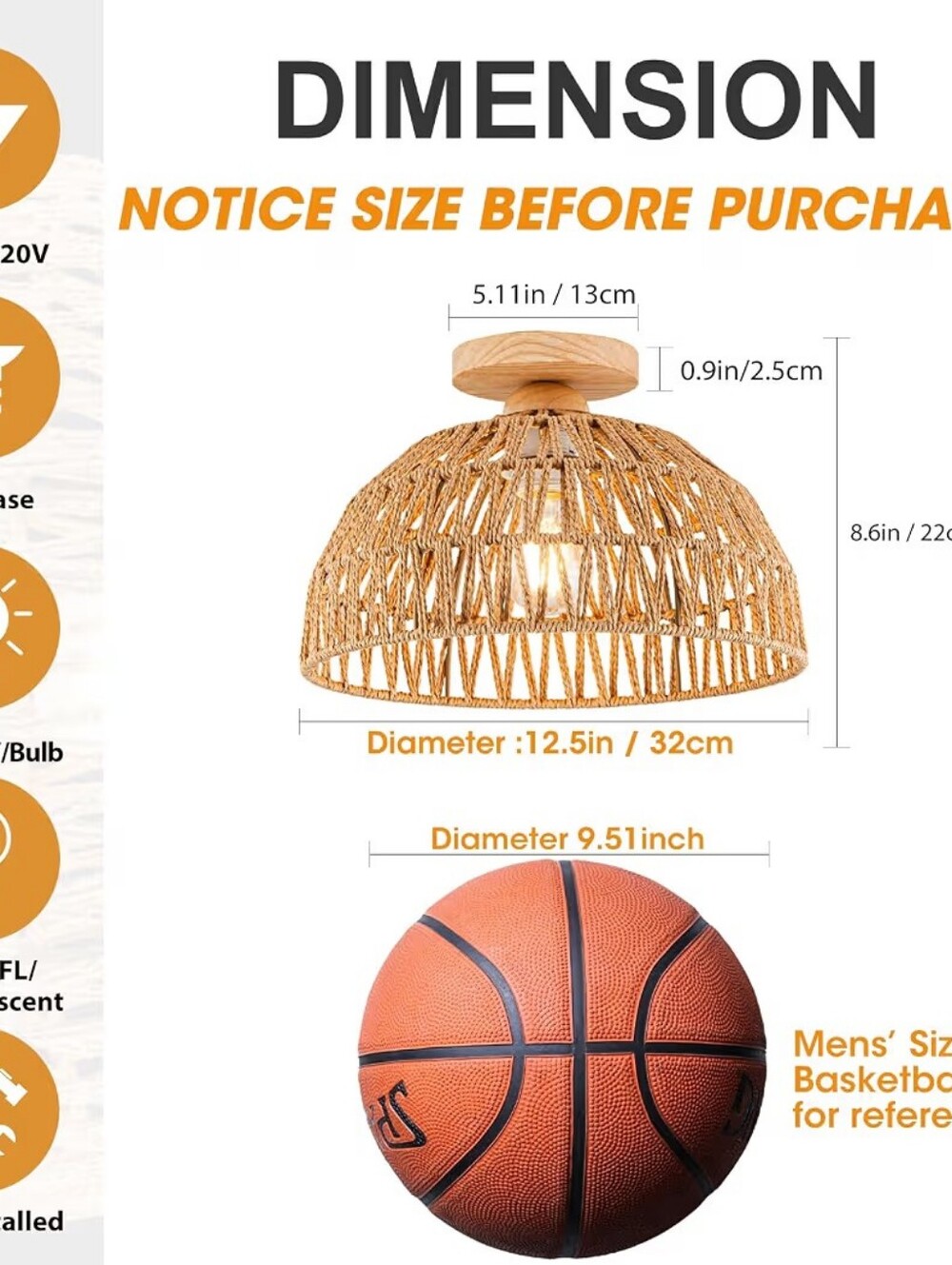 Woven Rattan Semi-Flush Ceiling Light - Picture 4 of 6